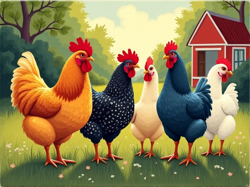 A collage of five hens in a grassy urban yard: a golden Buff Orpington, a speckled Sussex, a black-and-white Barred Rock, a blue-feathered Ameraucana, and a white Silkie. Each bird is labeled with breed names and egg colors, set against a sunny garden backdrop with a painted coop in the distance.