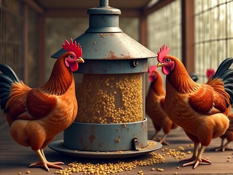 A galvanized steel treadle feeder in a rustic chicken run, surrounded by red hens pecking at the mechanism. The feeder's lid is partially open, revealing grain inside. Soft afternoon light filters through a wire mesh fence in the background.