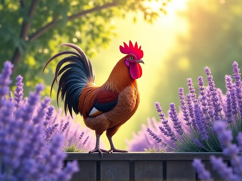 A small brown-and-white Bantam rooster perched on a rustic fence in a sunny urban garden, surrounded by lavender bushes. His feathers glisten with iridescent green hues, and his alert posture contrasts with the relaxed setting.