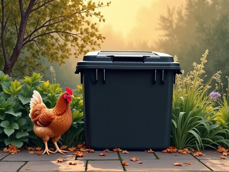 A black plastic compost bin with a secure lid, positioned on a paved patio near a vegetable garden. A brown hen pecks at fallen leaves nearby, while sunlight illuminates steam rising from the active compost pile inside the bin.