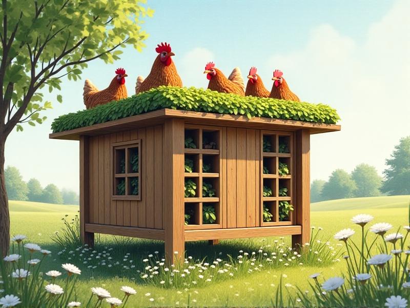 A raised chicken coop with cross-ventilation slats and a green roof planted with sedum, surrounded by chamomile ground cover. Solar-powered fans circulate air as barred rocks perch on a poplar branch mounted horizontally.
