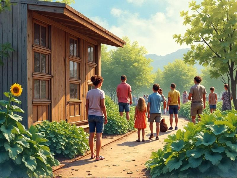 A diverse group of people tending to a vertical chicken coop in a shared community garden. Adults and children scatter feed while colorful heirloom chickens roam between raised garden beds filled with kale and sunflowers. Midday sun casts warm shadows across the scene.