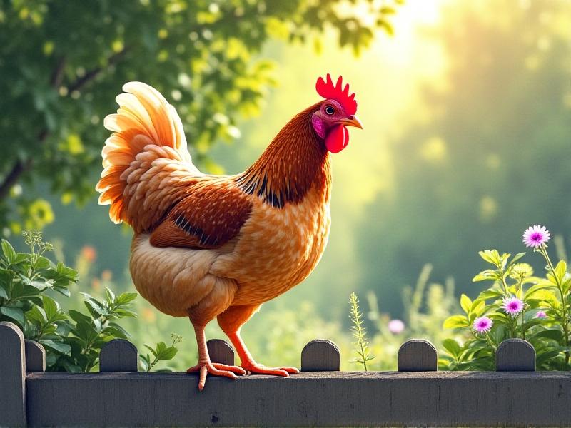 A speckled Sussex hen perched on a weathered wooden fence in a suburban backyard, with dappled sunlight illuminating her gold-and-white feathers. Behind her, a tidy vegetable garden and a brick patio suggest a blend of practicality and charm. Her alert but calm posture reflects the breed's adaptable nature.