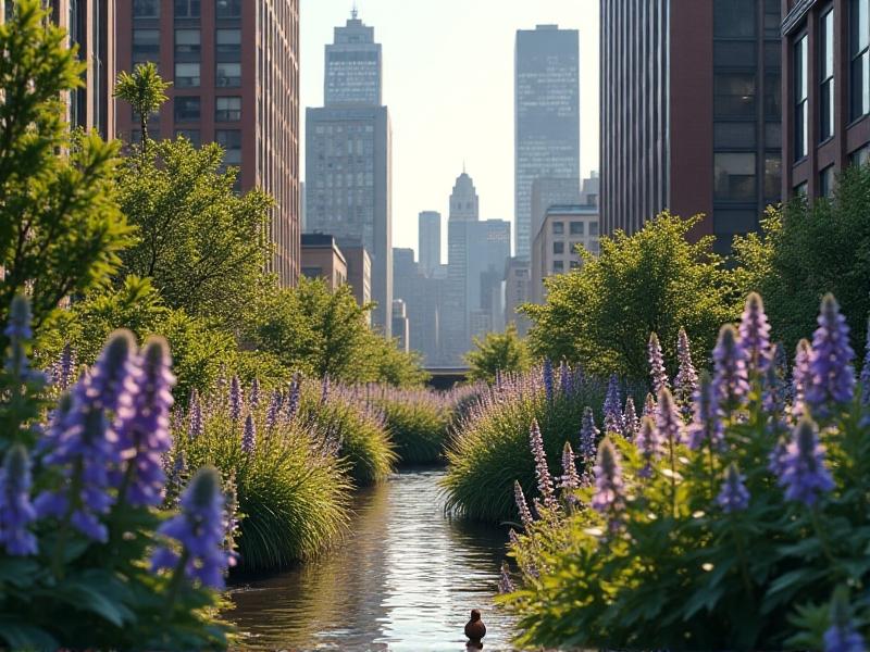 A lush rooftop garden in a dense urban area, featuring blooming purple coneflowers and swaying grasses. A robin feeds its chicks in a hidden nest among the vegetation, while rain barrels collect water in the background. The scene radiates sustainability and biodiversity.