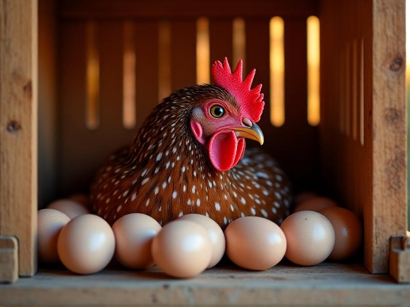 A speckled hen nesting in a wooden coop lined with hay, surrounded by clean, unwashed eggs. Warm golden-hour light filters through slatted walls, emphasizing the hen's protective posture and the eggs' pristine, matte surfaces. The scene conveys harmony between urban animal husbandry and natural processes.