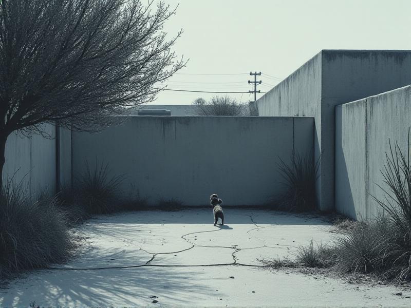 A barren concrete backyard with cracks and faded gray surfaces, juxtaposed against a small dog pacing near a dry patch. The image conveys sterility, with shadows emphasizing the lack of soft textures or natural substrates.