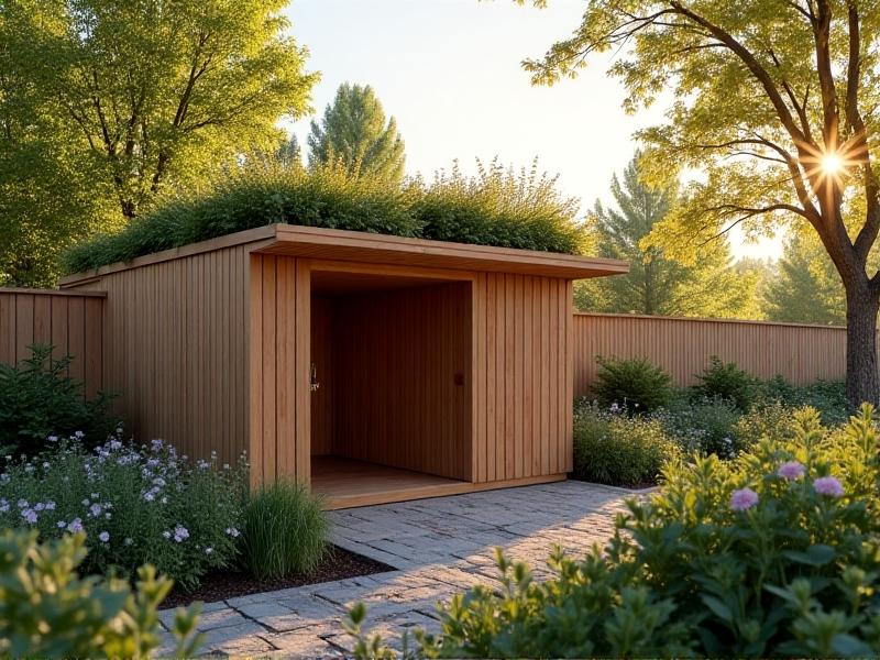 A contemporary chicken coop disguised as a garden shed with vertical cedar slat siding matching surrounding fences, featuring a green roof planted with sedum and wildflowers. Morning light filters through nearby maple trees, creating dappled shadows on the structure's weathered wood texture.