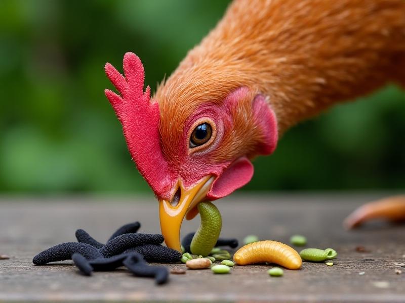 Close-up of a hen’s beak holding a wriggling black soldier fly larva, with a handful of dried mealworms and sprouted seeds scattered on a weathered wooden bench. Soft focus on the background blurs a green garden, highlighting texture and natural protein sources.