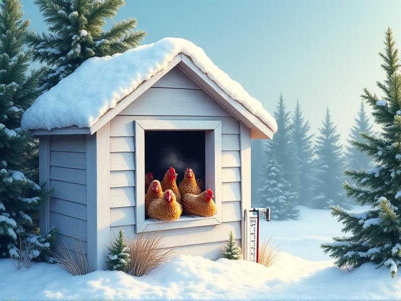 A white-painted coop with adjustable soffit vents under the eaves, allowing steam to rise from a flock of speckled hens inside. Snow dusts the sloped roof, while a thermometer mounted outside reads 25°F. Evergreen branches partially shield the structure from wind.