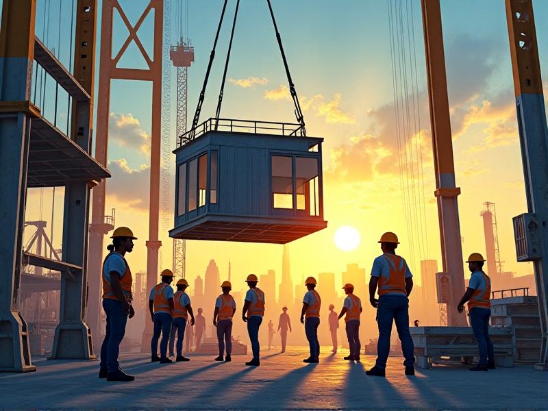 Workers assembling prefabricated modules on a construction site, with cranes lifting a steel-framed housing unit into place. The scene is bathed in golden-hour sunlight, emphasizing collaboration and industrial efficiency.