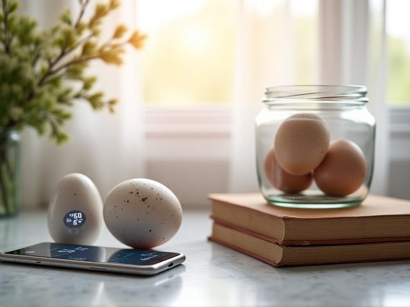 A small digital thermometer and hygrometer placed next to a glass jar of eggs on a marble countertop. Morning light filters through sheer curtains, highlighting a sleek smartphone displaying a temperature-tracking app in a modern, minimalist apartment.