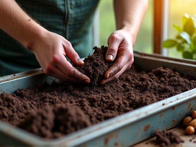 A gardener’s hands mixing organic potting soil with compost in a large metal trough. Earthworms visible in the rich, dark soil, with gardening tools like a trowel and gloves nearby. Morning light filters through a greenhouse window, highlighting the soil’s texture and the gardener’s focused activity.