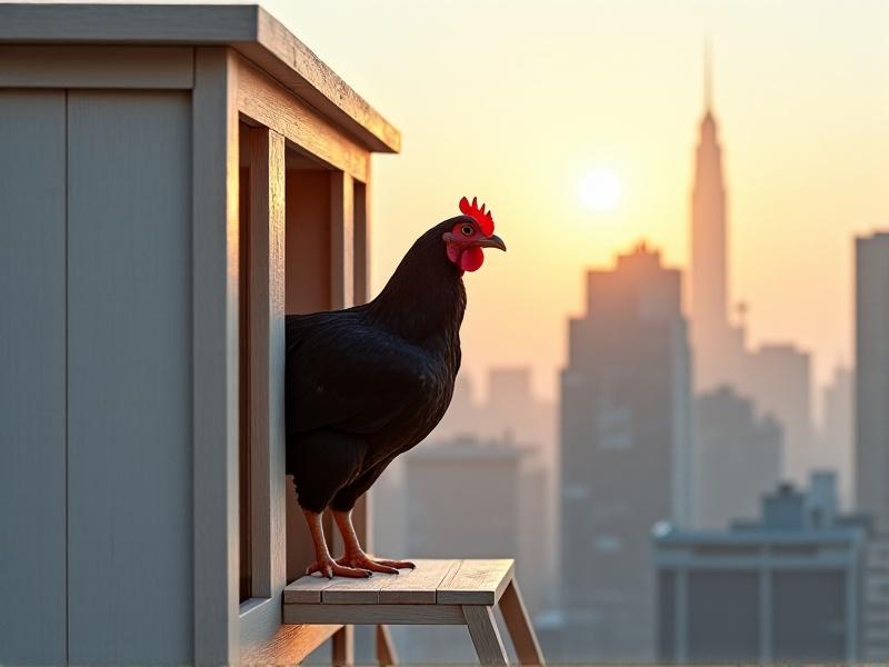 A modern minimalist chicken coop on an apartment balcony featuring whitewashed wood, built-in nesting boxes, and two Silkie chickens perched on a ladder, with city skyscrapers visible in the hazy background during golden hour.