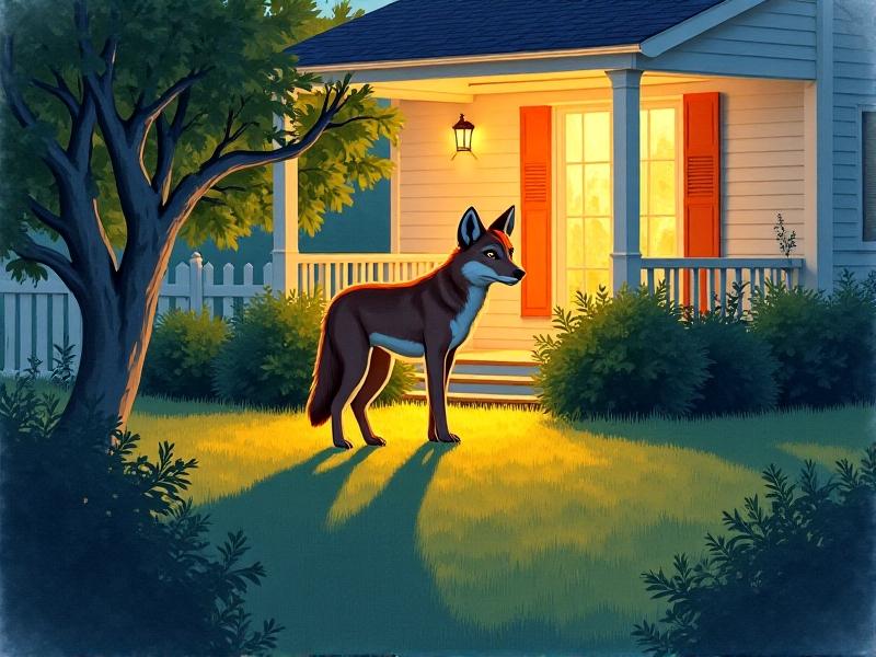 A lean coyote with tawny fur and alert ears stands at the edge of a manicured suburban lawn at twilight, framed by a white picket fence and glowing porch lights. The image contrasts wild instincts with residential order, highlighting the predator's adaptability to human-dominated spaces.