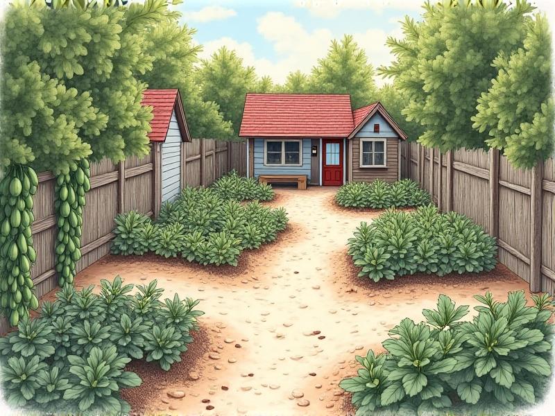 An aerial view sketch of a 20x30-foot yard with raised vegetable beds, a chicken coop surrounded by wire fencing, and winding gravel paths. A vertical trellis with cucumbers divides the garden, and a dust bath area with sand and wood ash sits near a water station.