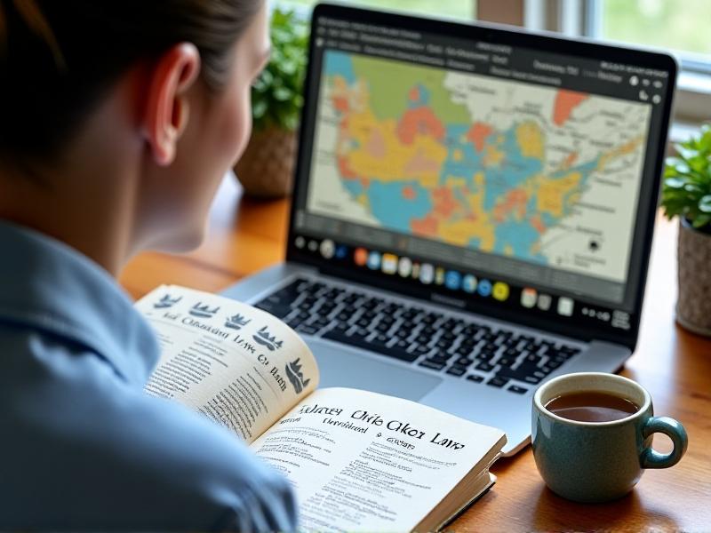 A person reviewing a city zoning map on a laptop, with a notebook titled 'Urban Chicken Laws' open beside a coffee cup. The workspace includes printed permits and a small model chicken coop, conveying diligent preparation and adherence to regulations in a home office setting with natural daylight.