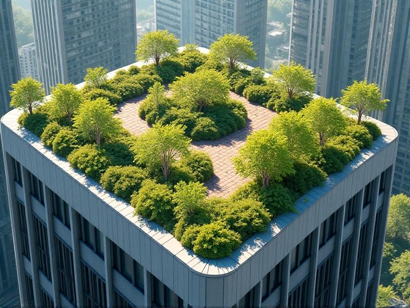 A vibrant green roof garden atop a modern city building, with native plants and flowers attracting sparrows and finches, bright sunlight highlighting the contrast between lush vegetation and surrounding concrete structures.