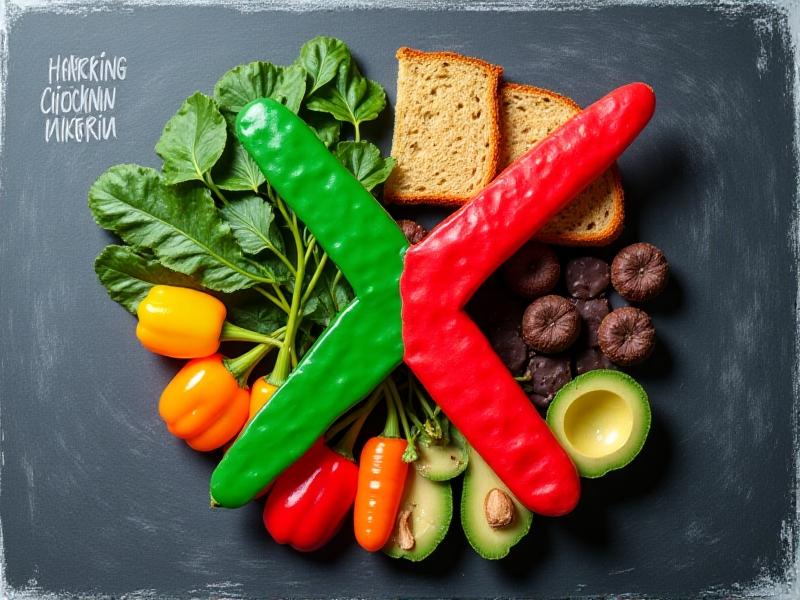 A split image contrasting safe and unsafe chicken foods. On the left, a green checkmark overlays fresh veggies; on the right, a red X covers avocado pits, chocolate chunks, and moldy bread. The backdrop is a chalkboard with handwritten labels, enhancing an educational vibe.