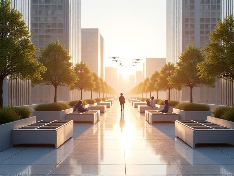 A futuristic city square with light-gray reflective pavements, solar-panel shaded benches, and misting devices emitting fine water sprays. People sit under geometric shade structures while drones monitor air quality overhead. The style is sleek and minimalist, with metallic accents and a bright, sunlit atmosphere.