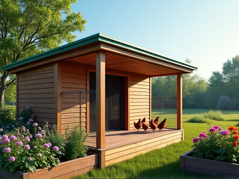 A modern, elevated chicken coop with horizontal cedar slats, a green metal roof, and a wire-enclosed run. The coop is surrounded by raised garden beds with blooming flowers, under bright midday sun. Hens are visible inside the run, with a ladder leading to the nesting area. The design blends functionality with aesthetic appeal.