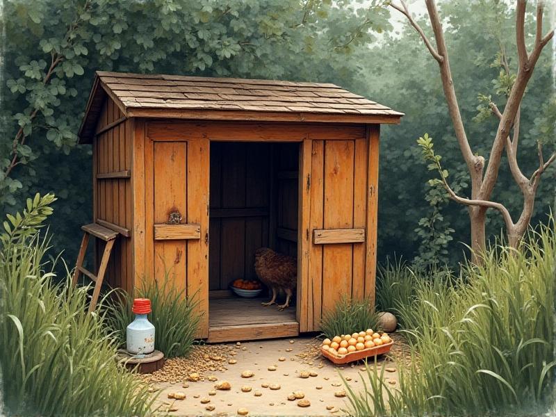 A cramped backyard wooden chicken coop in a small city garden, showing weathered wood, scattered feed, and a manual water dispenser. Overgrown grass surrounds the structure, with a faded egg carton nearby. Dull overcast lighting emphasizes the disarray and spatial constraints typical of non-automated setups.