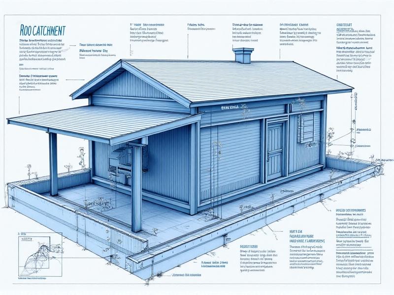 A technical blueprint of a rainwater system integrated into an urban coop, showing roof catchment, gutters, filters, and storage tanks. Rendered in blue and white with detailed labels and annotations.