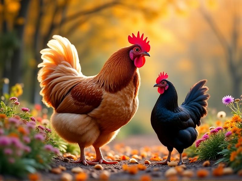 Side-by-side portrait of contrasting chicken breeds: a large Buff Orpington beside a petite Serama bantam in a lush community garden setting, dappled sunlight filtering through maple leaves on a crisp autumn morning.