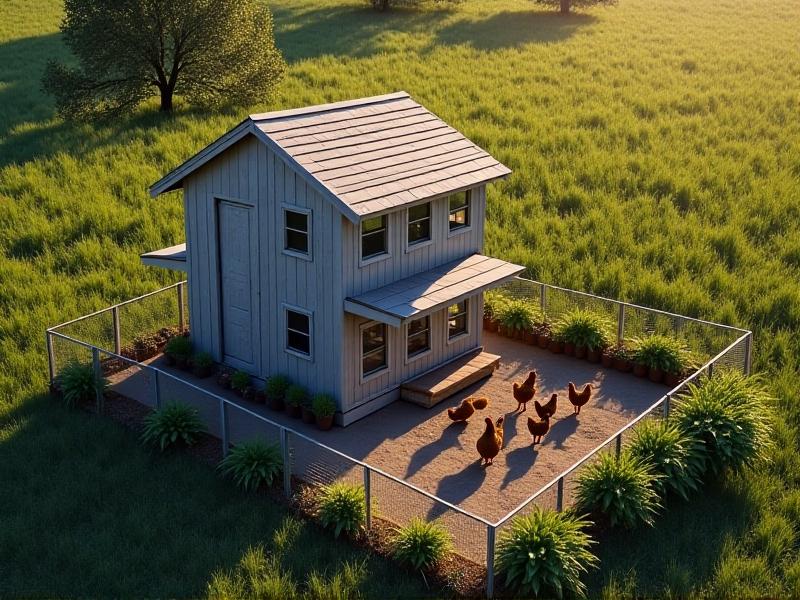 A compact, two-story chicken coop with a weathered gray finish, featuring a hinged roof for easy access to nesting boxes. The lower level includes a wire-enclosed run with a dirt floor, while hens dust-bathe nearby. Potted herbs line the coop’s base, and late-afternoon sun casts long shadows across the scene.