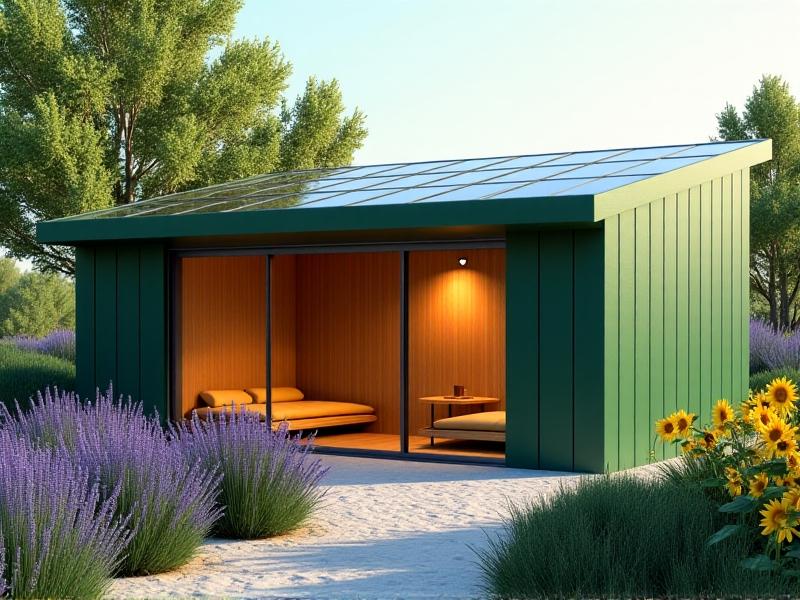 A 3D render of a modern chicken coop with green insulated walls, double-paned windows, and a roof covered in solar panels. The coop is surrounded by tall lavender bushes and sunflowers, with a small shaded area inside featuring cushioned nesting boxes. The design is sleek and eco-friendly, using natural wood textures and soft ambient lighting to convey tranquility and innovation.