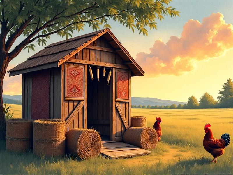 A rustic chicken coop with repurposed materials: old carpets lining the walls, hay bales stacked around the base, and a curtain of hanging bamboo chimes, golden hour light creating a cozy, resourceful atmosphere.