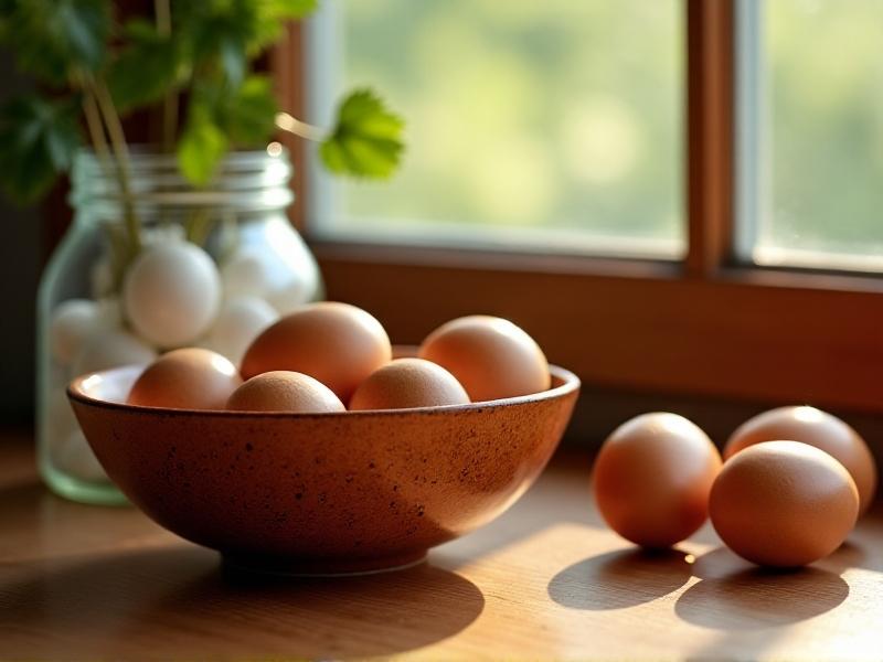 A rustic ceramic bowl filled with fresh brown eggs coated in glossy mineral oil, placed on a wooden countertop beside a jar of silica gel packets. Warm natural light streams through a nearby window, casting soft shadows in a cozy, eco-friendly kitchen.