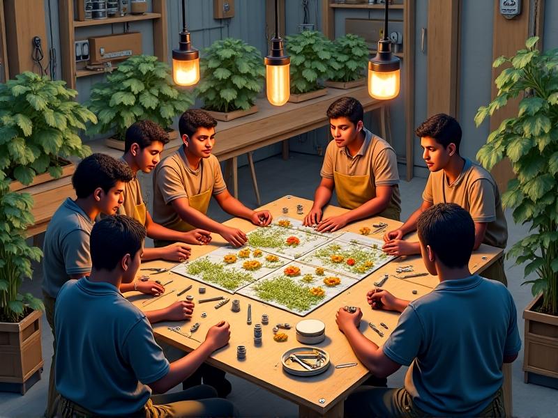 A diverse group of adults and teens collaborate in a solar coop workshop. They’re assembling a photovoltaic panel near planter boxes filled with kale and tomatoes, under soft pendant lighting powered by the coop’s own energy system.