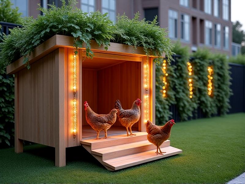 A sleek, cedar chicken coop with a living green roof and vertical herb gardens on the sides. Four hens perch on a ramp under string lights, with a fenced run area on artificial grass. The minimalist design features clean lines and natural materials, suited for contemporary urban settings.
