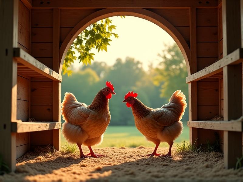 A spacious chicken coop with ramps and low perches, featuring soft hemp bedding and ceramic heating lamps. Two arthritic hens with faded plumage drink from an elevated waterer while dappled sunlight filters through nearby maple trees.