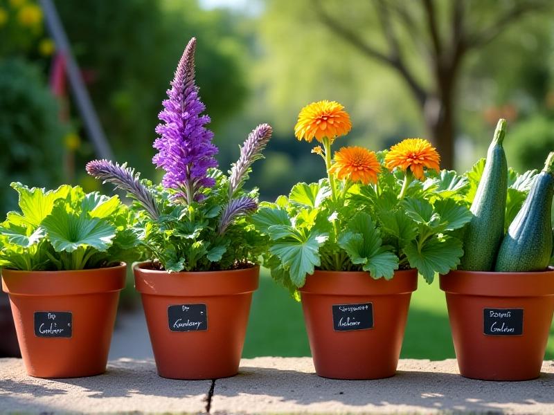 A collage of chicken-safe plants: purple coneflowers, Swiss chard, zucchini, and calendula arranged in terracotta pots. Each plant is labeled with white chalkboard tags, set against a backdrop of a sunny patio with a red wheelbarrow.