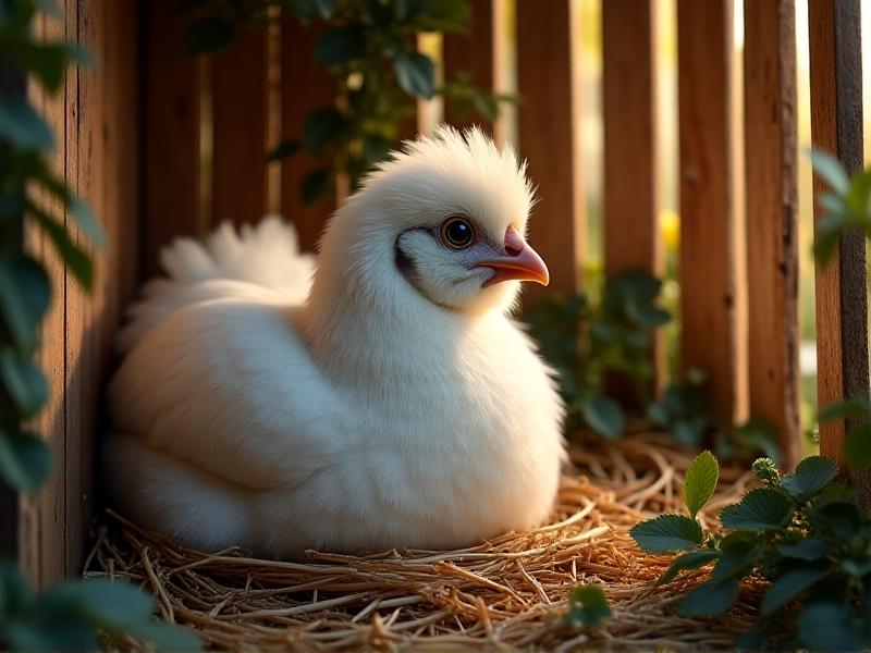 A pure white Silkie hen sitting on a nest of straw in a shaded urban coop, her fluffy feathers resembling soft cotton. Sunlight filters through slatted wood, casting delicate shadows around her.