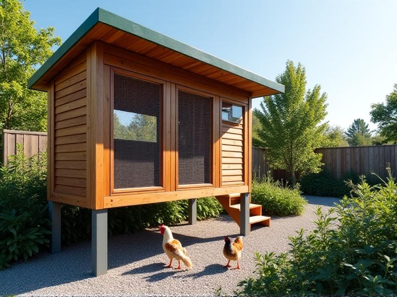 A modern, elevated wooden chicken coop with metal legs anchored in concrete, surrounded by clean gravel. Bright daylight highlights the hardware cloth windows and a green-painted roof. Chickens roam freely below the structure in a tidy urban garden.