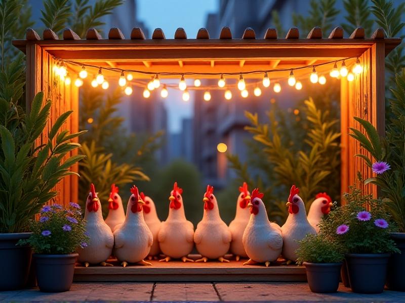 A serene urban chicken coop at dusk, with string lights draped above and hens perched on a low wooden roost. Lush potted plants surround the area, and a bamboo fence buffers street noise. The warm glow of the lights creates a peaceful mood, illustrating strategies to mitigate city stressors for molting hens.