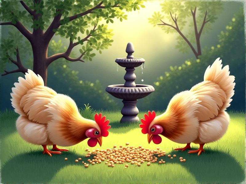 Three Buff Orpington hens pecking at a feed scatter in a shaded backyard, with a small water fountain nearby. The scene is peaceful, with dappled sunlight through trees and no visible waste, emphasizing low-noise and low-odor practices.
