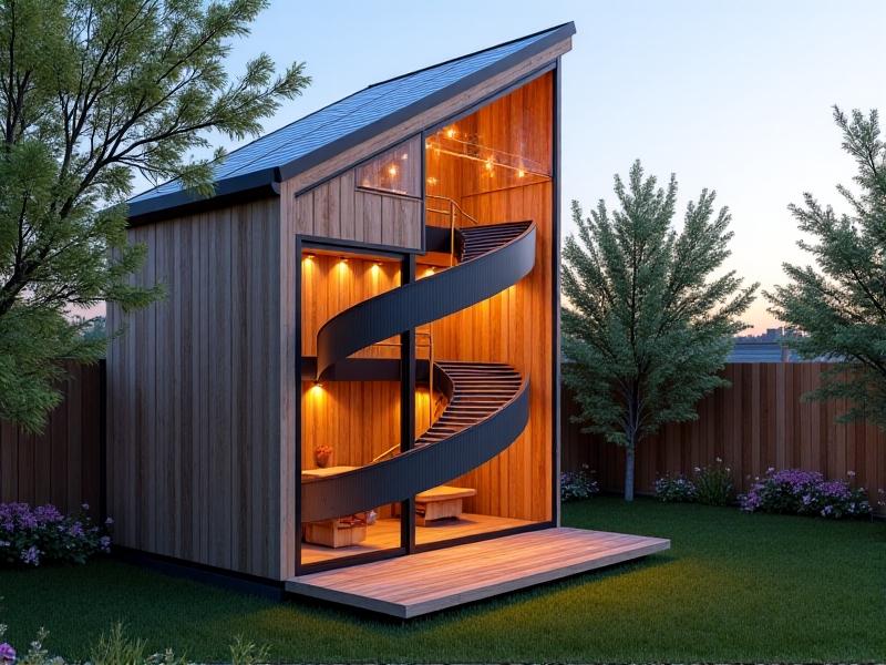 A modular vertical chicken coop with interchangeable levels made from reclaimed wood and corrugated metal. The design includes a slanted solar panel roof, translucent polycarbonate walls for weather protection, and a central spiral ramp allowing chickens to move between floors. The scene is set in a small backyard with string lights overhead.