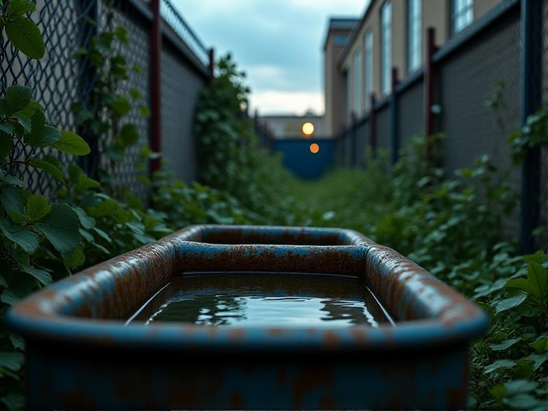 A close-up of a rusty metal water trough in a city backyard, filled with murky green water. The background shows a chain-link fence and apartment buildings, with dark clouds overhead. Stagnant water reflects a reddish-brown hue, emphasizing pollution risks for urban poultry.