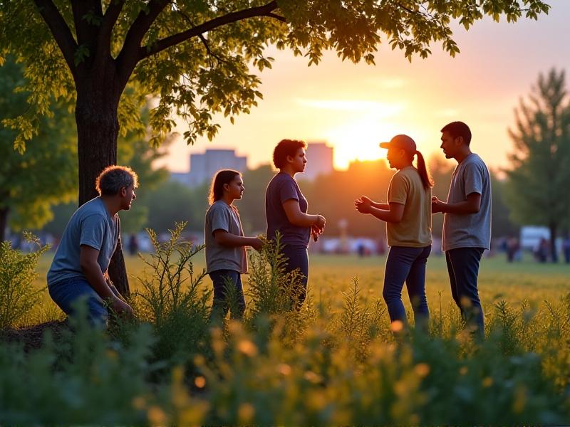 A diverse group of volunteers planting native shrubs in a city park, with children installing handmade wooden nest boxes on trees. The golden-hour lighting highlights community engagement and the transformation of urban spaces into bird-friendly zones.