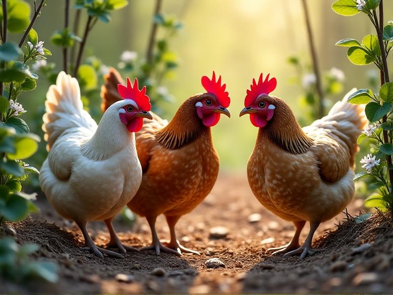 Three speckled hens with glossy feathers peck at the ground in a fenced garden area. The soil is covered with straw mulch and decomposing vegetable scraps, with young fruit trees and climbing bean vines in the background. Soft morning light highlights the chickens' red combs and the vibrant ecosystem around them.