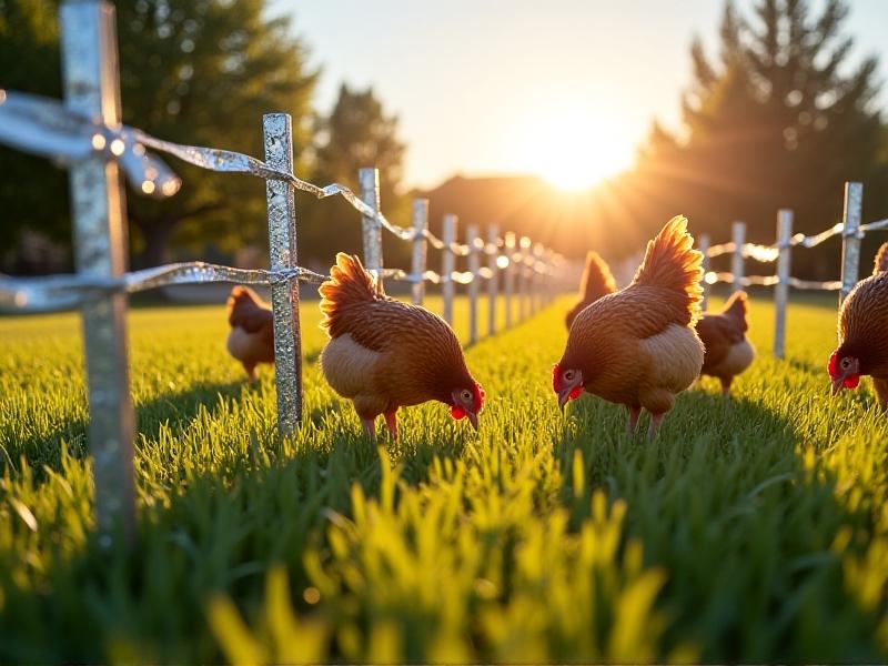 Silver reflective tape strips tied to wooden stakes in a grassy yard, shimmering under bright sunlight as a group of brown and white chickens forage nearby, creating a dynamic visual barrier against hawks.