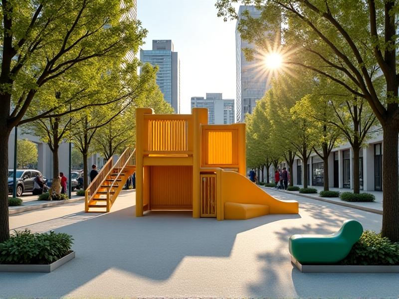 A modern playground in a tight urban space featuring soft foam tiles, a small climbing structure with guardrails, and bright yellow safety signage under soft afternoon lighting.