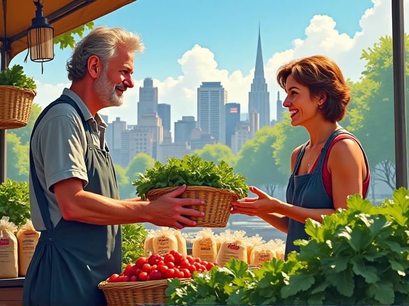 Busy urban farmers market stall with fresh produce, bags of grains, and a vendor handing a basket of leafy greens to a customer, surrounded by city buildings under a clear blue sky, highlighting local sourcing.