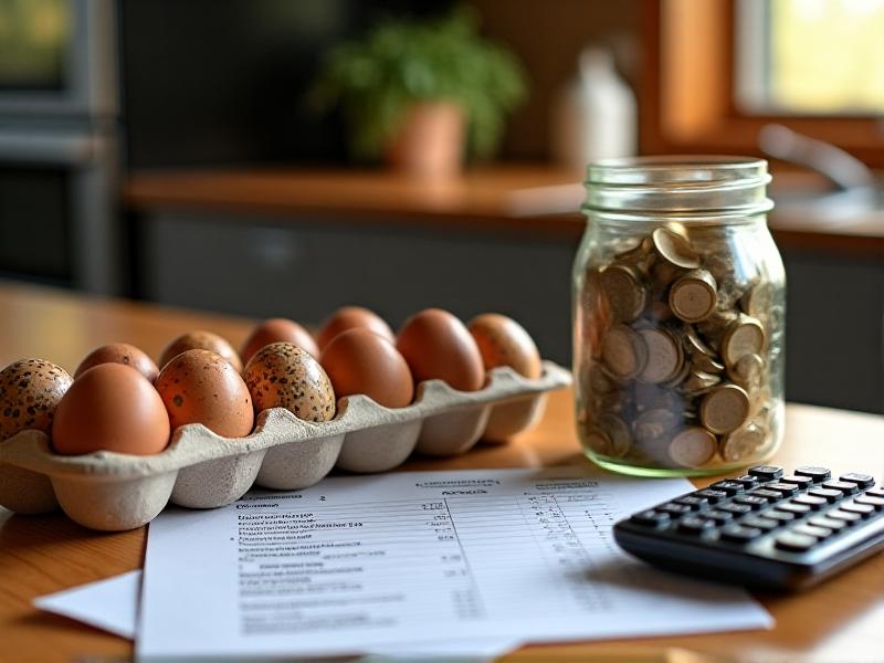 A kitchen counter display comparing homegrown and store-bought eggs: A mason jar filled with coins labeled 'Coop Costs' next to a dozen speckled brown eggs in a handmade ceramic carton. A spreadsheet printout shows columns for 'Months to Break-Even' and 'Cost Per Egg', with a calculator and pencil lying across the figures. Warm afternoon light creates a thoughtful atmosphere of financial analysis.