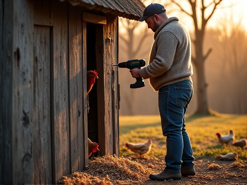 Hands securing a raccoon-proof latch onto a weathered chicken coop door using a cordless drill, wood shavings and hardware scattered below, golden hour lighting casting long shadows