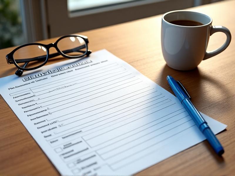 A close-up of a handwritten permit application form on a wooden desk, with a blue pen, a pair of glasses, and a coffee mug nearby. Soft morning light filters through a window, casting shadows on the paper, which includes fields for coop dimensions and flock size. The scene conveys a meticulous, organized process.