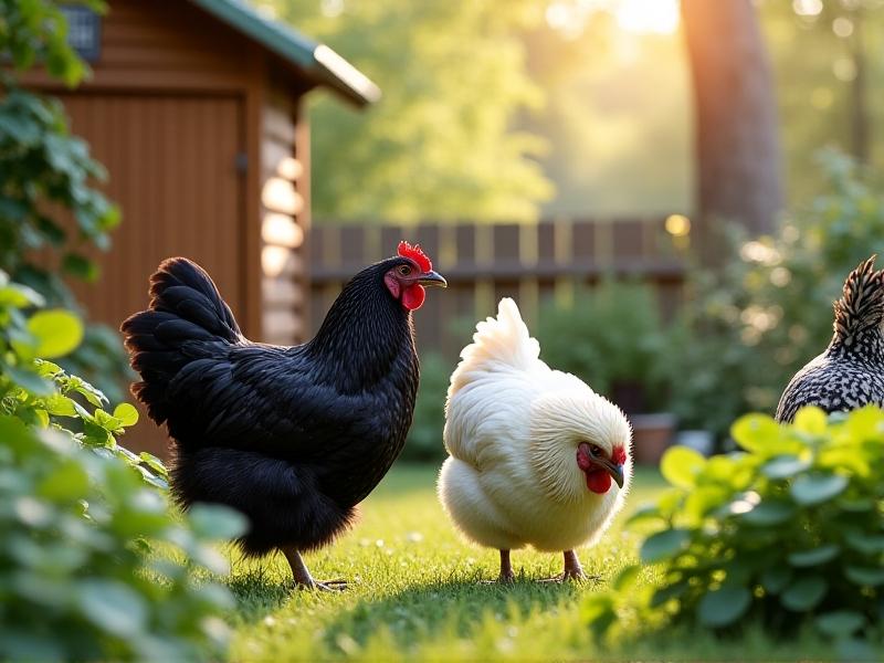Three docile hens—a black Australorp, a fluffy white Silkie, and a speckled Bantam—foraging in a small backyard. The setting includes a minimalist coop with a green roof, surrounded by potted herbs and a compost bin.